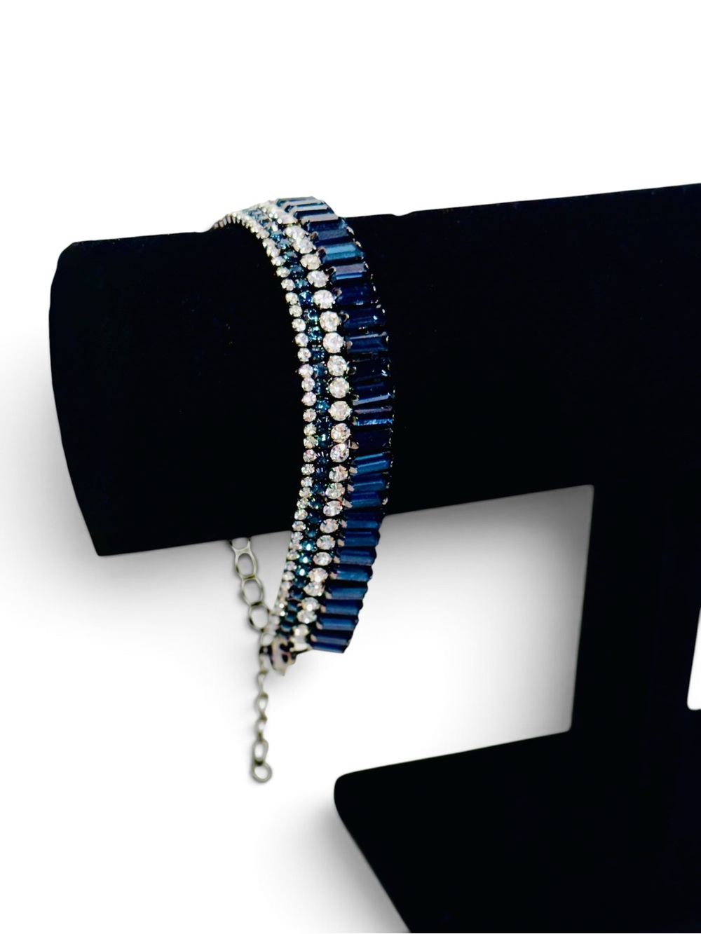 Stella & Ruby Blue Crystal Baguette Bracelet | Gunmetal Rhinestone Statement NWT
